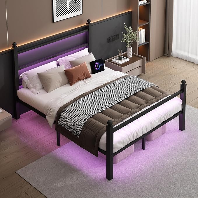 CLIBFENG Full Size Bed Frame with Headboard and Footboard,Steel Slats Support-LED Bed Frame with Charging Station,Mattress Foundation-Under Bed Storage, No Box Spring Needed,Noise Free,Black