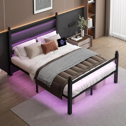CLIBFENG Queen Size Bed Frame with Headboard and Footboard,Steel Slats Support-LED Bed Frame with USB Charging Station,Mattress Foundation-Under Bed Storage,No Box Spring Needed,Noise Free,Black
