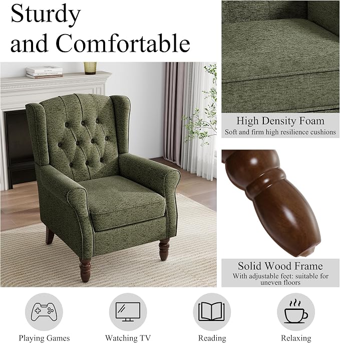 Mid-Century Modern Wingback Chair - Plush Upholstered Accent Armchair with Solid Oak Legs, Ergonomic High Back Lounge Chair for Living Room, Bedroom Office - Retro Modern Reading Chair Dark Green