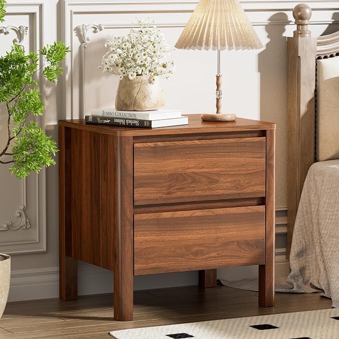 Furniway Walnut Nightstand Set of 2, Mid Century Modern Bedside Table with 2 Drawers, Hidden Handles and Solid Wood Legs for Bedroom