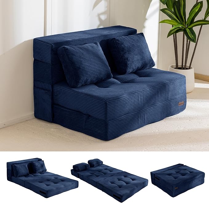 MAXYOYO Convertible Sofa Bed, Fold Out Loveseat Sofa Couch with Pillow, 4 in 1 Tufted Folding Couch Bed Foam Floor Couch, Lazy Chair for Living Room Bedroom Guest Room, Navy
