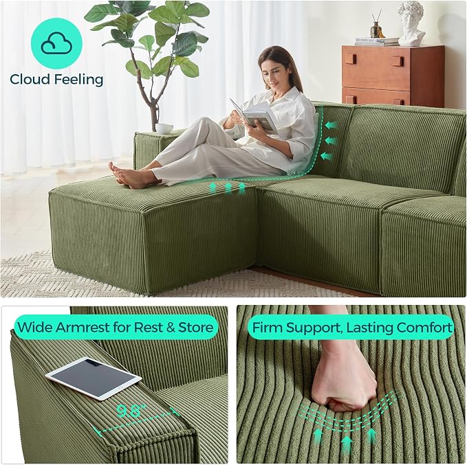 LINSY HOME Modular Sectional Sofa, 105" Boneless 3-Seat Loveseat Sofa Couch, Comfy Corduroy Sectional Cloud Couches for Living Room, No Assembly Required, Green