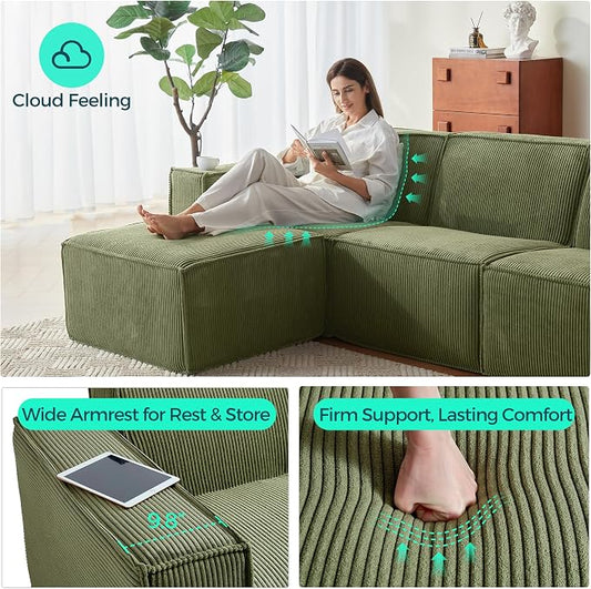LINSY HOME Modular Sectional Sofa, 105" Boneless 3-Seat Loveseat Sofa Couch, Comfy Corduroy Sectional Cloud Couches for Living Room, No Assembly Required, Green