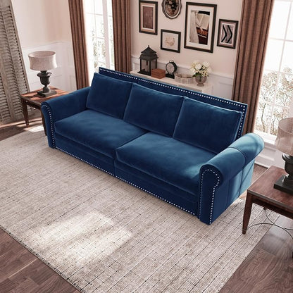 93.7" King Pull Out Sofa Bed, Velvet Sleeper Sofa Couch, 3 in 1 Convertible Futon Couches for Living Room, Small Space, Apartment, Office, Bedroom, Modern Rivet Armrest, Blue