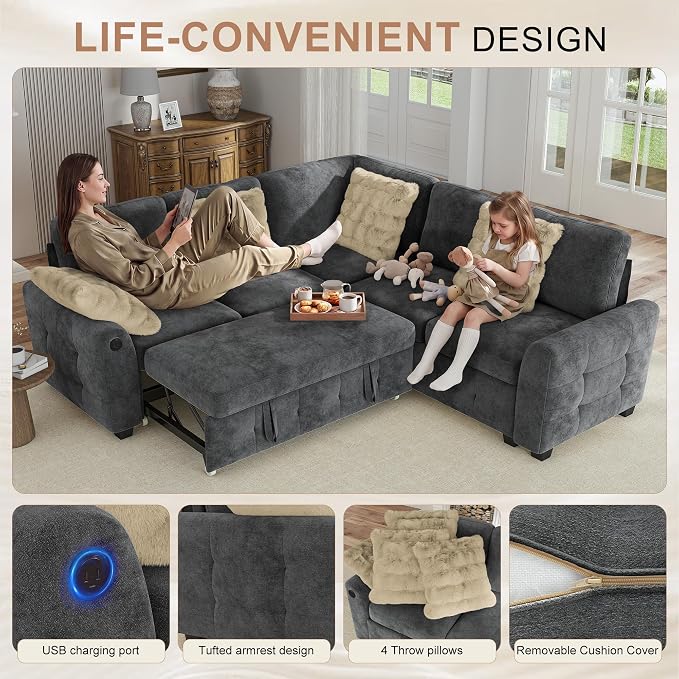 Hanherry Sectional Couch with Pull Out Sofa Bed,Chenille Sleeper Sofa with 2 Seat Storage & USB Charging,Comfy L Shaped Modular Couches for Living Room,Apartment