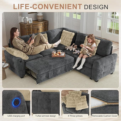 Hanherry Sectional Couch with Pull Out Sofa Bed,Chenille Sleeper Sofa with 2 Seat Storage & USB Charging,Comfy L Shaped Modular Couches for Living Room,Apartment