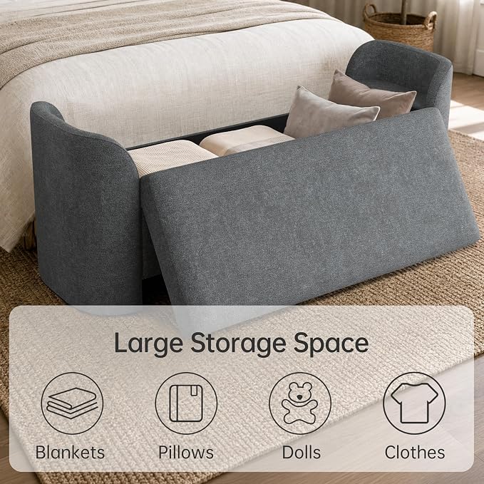 Usaint 58.3" Storage Ottoman Bench with Pillows, Upholstered End of Bed Bench with Arms, Footrest Stool Bench for Bedroom, Living, Window, Entryway and Hallway, Charcoal
