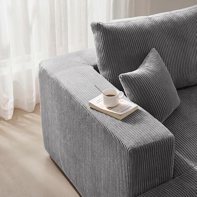 Modular Sectional Sofa Bed with Chaise, 115" Memory Foam Cloud Couch, Boneless Corduroy Upholstered Floor Couch, No Assembly Required Living Room Furniture for Apartment Home, Grey