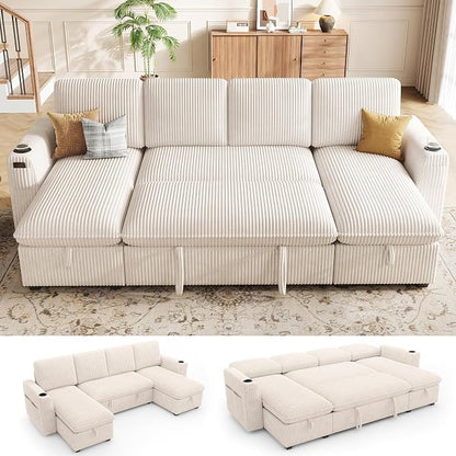 Sectional Sleeper Sofa with Pull Out Bed, Plush Corduroy Sectional Sofa with Double Storage Chaise and Adjustable Backrest, Cloud Sectional Couches for Living Room, Apartment, Beige
