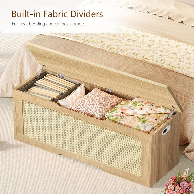 usikey 47.2" Large Storage Chest with Fabric Drawer, Toy Box with Safety Hinges, Extra Wide Storage Bench for Bedroom, Living Room, Entryway, Supports 300 lb