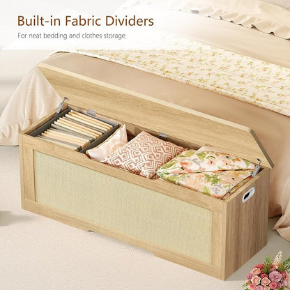 usikey 47.2" Large Storage Chest with Fabric Drawer, Toy Box with Safety Hinges, Extra Wide Storage Bench for Bedroom, Living Room, Entryway, Supports 300 lb