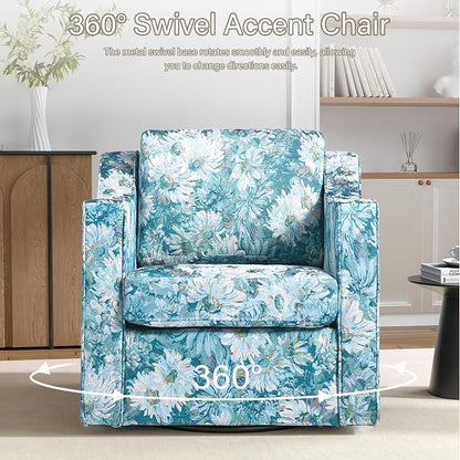 Swivel Accent Chair, 360° Swivel Upholstered Club Armchairs for Living Room, Comfy Fabric Single Sofa Reading Chair with Deep Seat, Metal Swivel Base, Cyan Blooms