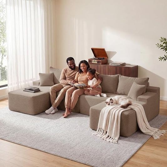 Mangodan 118'' Cloud Sectional Couch, U Shaped Boneless Couches for Living Room, Modular Sectional Sofa with Deep Seat Light Facing Chaise, Comfy Cloud Couch Sofa, Camel
