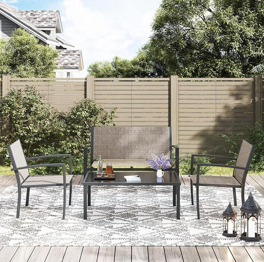 Greesum 4 Pieces Patio Furniture Set, Outdoor Conversation Sets for Patio, Lawn, Garden, Poolside with A Glass Coffee Table, Brown