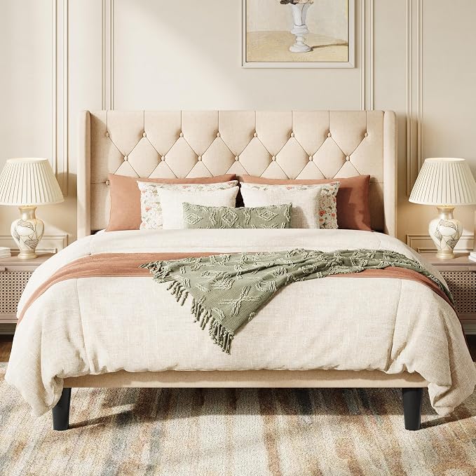 SHA CERLIN Full Size Platform Bed Frame with Upholstered Headboard and Wingback, Button Tufted Design, Easy Assembly, No Box Spring Needed, Beige