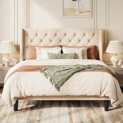 SHA CERLIN Queen Size Platform Bed Frame with Upholstered Headboard and Wingback, Button Tufted Design, Easy Assembly, No Box Spring Needed, Beige