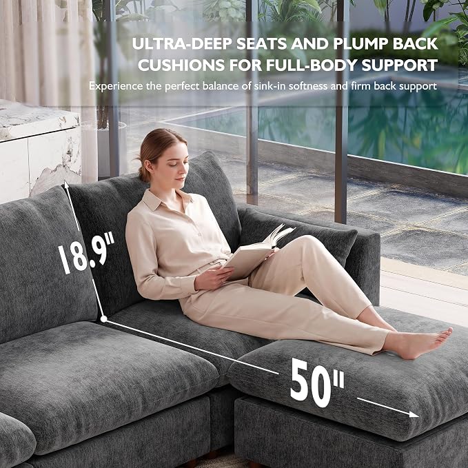 Ihanherry 152" Oversized Modular Sectional Sofa, Modern Cloud Couch with 4 Storage Ottoman, 8-Seat Comfy Chenille Deep Seat Sofa with 2 Pillows for Living Room, Grey