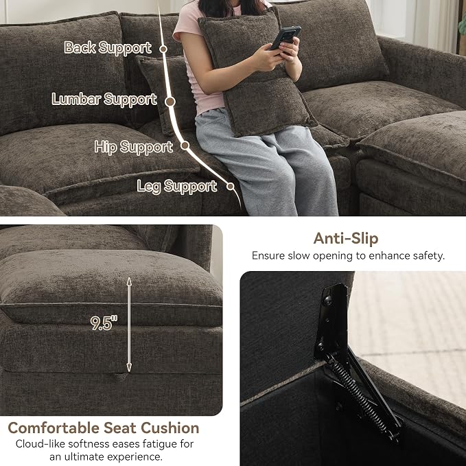 30" Cloud Modular Single Sofa Chair with Storage, Modern Upholstered Accent Chair Deep Seat, Chenille Reading Lounge Armchair for Living Room, Bedroom, Small Space, Brown