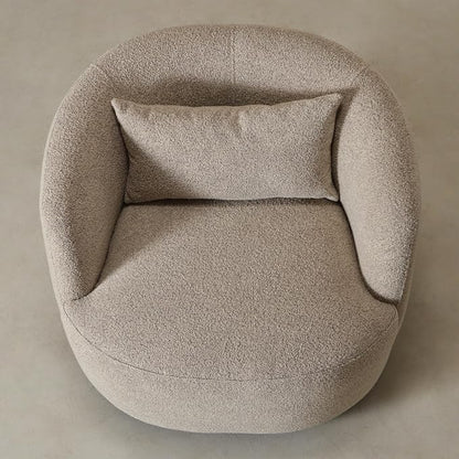 KINWELL 34" Wide Boucle Swivel Barrel Chair, No Assembly Round Upholstered Armchair Accent Chair Single Sofa Chair with Toss Pillow for Living Room and Bedroom, Taupe