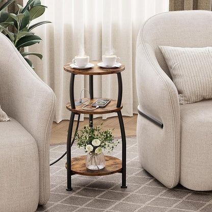 Round Side Table with Power Outlet & USB Ports, 3-Tier End Table with Storage Shelf, Modern Rustic Nightstand, Small Spaces Accent Table for Living Room Bedroom, Easy Assembly, Rustic Brown