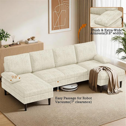 Korser U-Shaped Sectional Couches for Living Room, 101 Inch Modern Modular Sofa with Double Chaise Lounge, Comfy Chenille Fabric 4-Seat Couch Set for Apartment, Beige