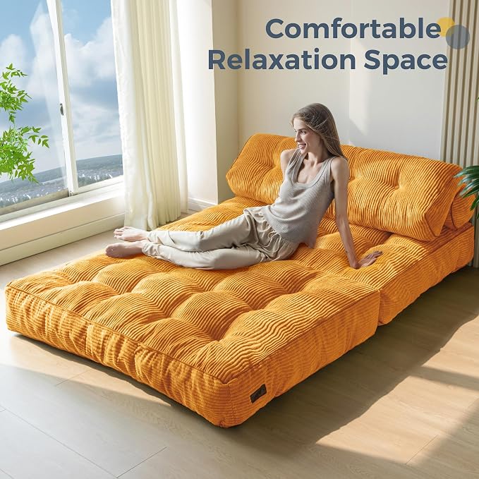 MAXYOYO Folding Sofa Bed, Convertible Chair with Pilow, Portable Fold Out Chair Bed with Back Support Comfy Floor Sofa Lounge for Living Room Bedroom, Orange, Double