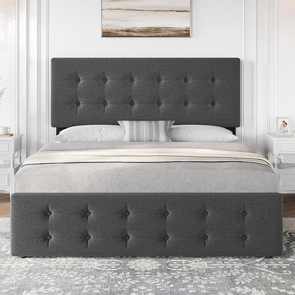 IDEALHOUSE Full Size Bed Frame with 4 Storage Drawers and Adjustable Headboard, Upholstered Mattress Foundation with Skin-Frienly Linen, No Box Spring Needed, Dark Grey (Full)