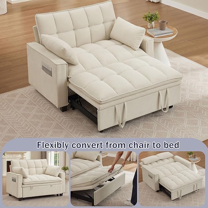 Sleeper Sofa with Pull Out Couch Bed, 48" Convertible Pull-Out Sofa Bed Chair, 3-in-1 Futon Couch with Reclining Backrest and Side Pockets for Living Room Bedroom Apartment, Beige
