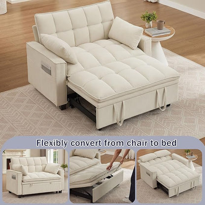 Sleeper Sofa with Pull Out Couch Bed, 48" Convertible Pull-Out Sofa Bed Chair, 3-in-1 Futon Couch with Reclining Backrest and Side Pockets for Living Room Bedroom Apartment, Beige