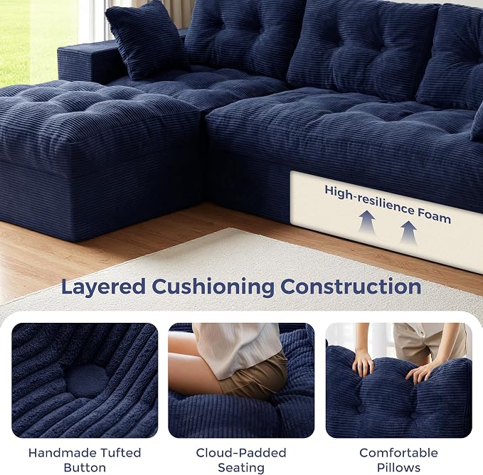 MAXYOYO 96" L Shaped Modular Sectional Sofa with Ottoman, Cloud Boneless Couch with Layered Cushion, Upholstered Flexible Module Combination Sofa for Living Room, No Assembly, Navy