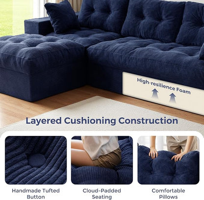 MAXYOYO 96" L Shaped Modular Sectional Sofa with Ottoman, Cloud Boneless Couch with Layered Cushion, Upholstered Flexible Module Combination Sofa for Living Room, No Assembly, Navy