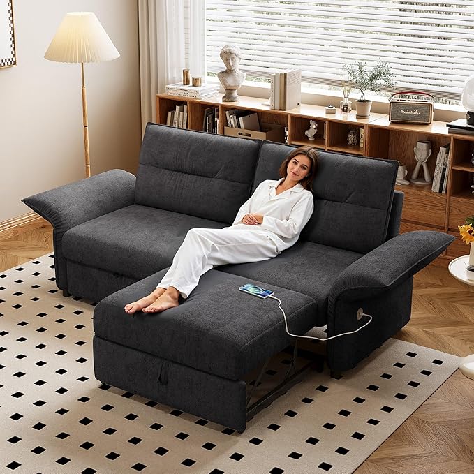 85" Pull Out Sofa Bed Full Size, Pre-Assembled Flannel Sleeper Sofa, Convertible Loveseat Futon Couch, Adjustable Armrest with USB, Pillows, for Apartment, Living Room, Small Spaces, Dark Grey