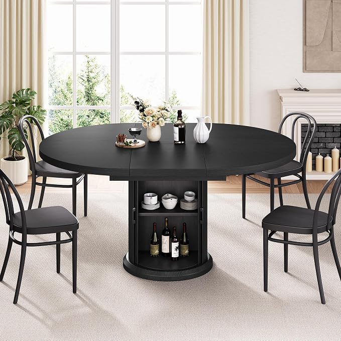Jocoevol Extendable Round Kitchen Dining Room Table for 4-6 with 2-Tier Storage Shelf, 63'' Space Saving Expandable Wood Oval Circle Dinner Furniture with Pedestal Base(Black)