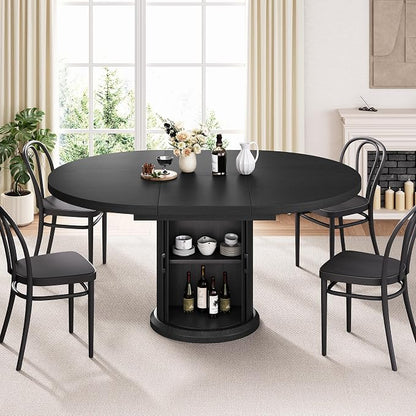 Jocoevol Extendable Round Kitchen Dining Room Table for 4-6 with 2-Tier Storage Shelf, 63'' Space Saving Expandable Wood Oval Circle Dinner Furniture with Pedestal Base(Black)