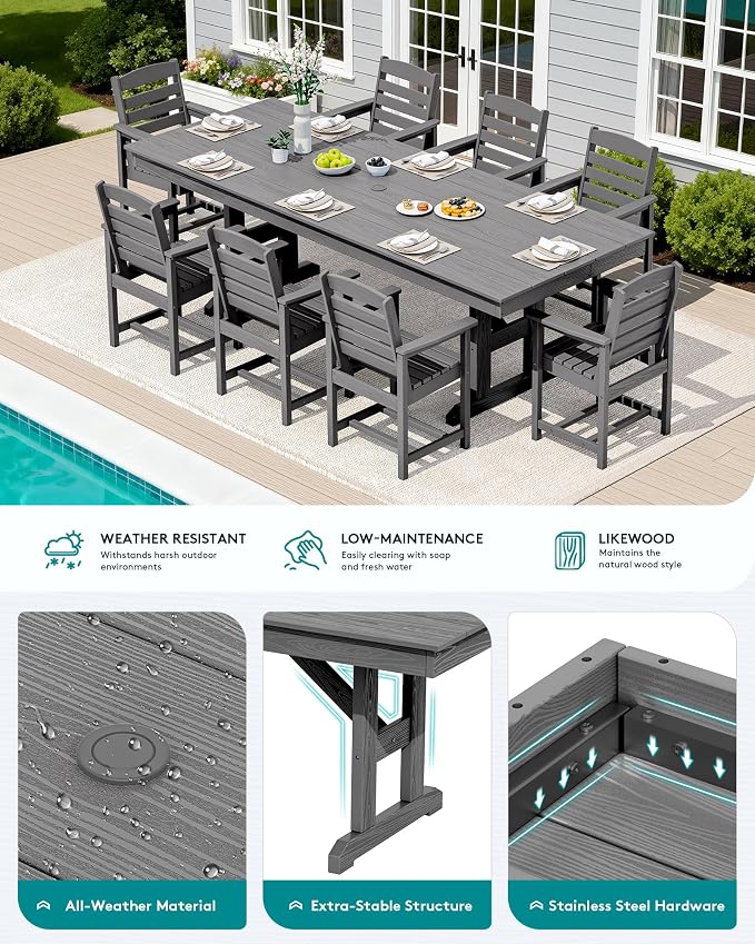 SERWALL 10 Piece 84" HDPE Outdoor Dining Set for 8 with 15ft Double-Sided Umbrella, Gray