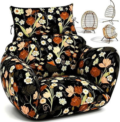 Waterproof Egg Chair Cushion Replacement 47x31.5x4.7 inch Thicken Hanging Egg Swing Chair Cushion Indoor Outdoor Wicker Rattan Hammock Basket Cushion with Headrest Pillow, Black Peony