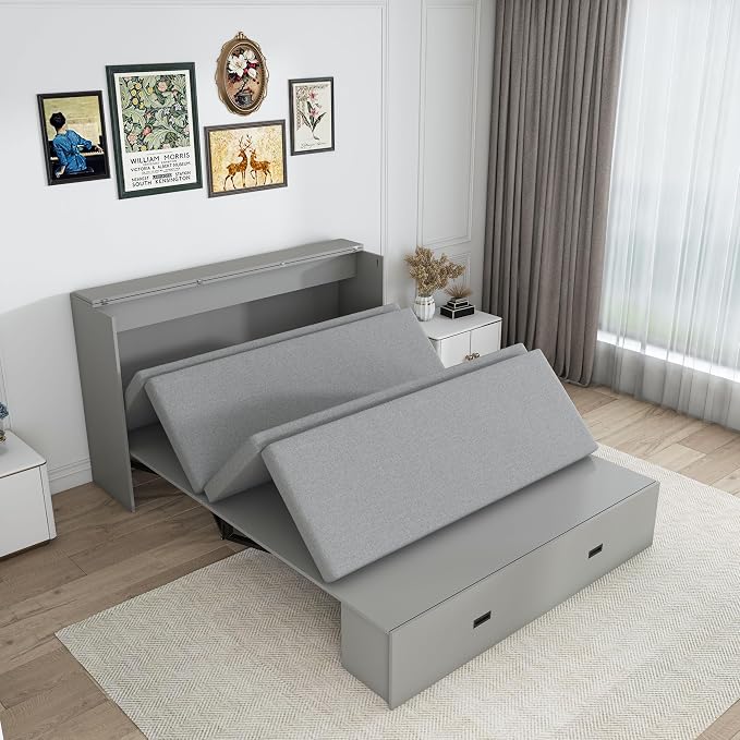 Bellemave Full Murphy Bed with Mattresses and Charging Stations and Storage Drawer, Farmhouse Murphy Cabinet Bed with Foldable Panel, Noisy Free, for Guest Bedroom, Living Room, Gray
