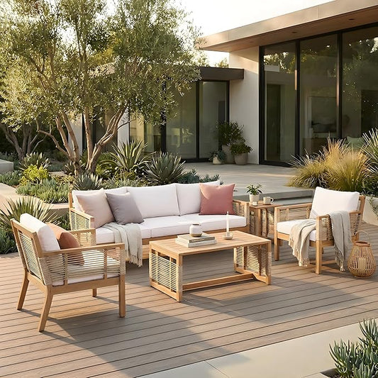 VilroCaz 5-Piece Patio Conversation Set, All Weather Sectional Sofa Set w/ 3 Seater Sofa, 2 Chairs and 2 Coffee Tables, Acacia Wood Outdoor Furniture Set with Woven Rope Accents and Cushions
