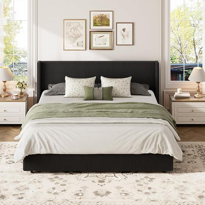 Garvee King Lift Up Storage Bed Frame, Corduroy Upholstered Platform Bed with Gas Lift, Padded Headboard, Wooden Slat Support, No Box Spring Needed, Easy Assembly, Black