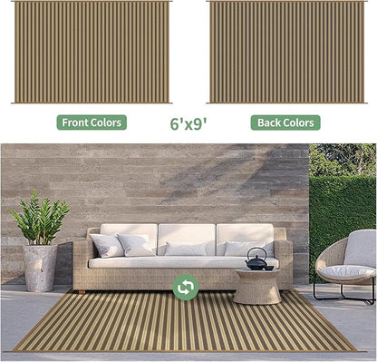 GENIMO Outdoor Rug for Patio Clearance, 6'x9' Reversible Plastic Straw Rugs, Lightweight Waterproof RV Camping Mat for Camper, Balcony, Deck, Backyard, Picnic, Brown & Beige