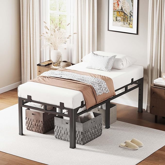 ROIL 16 Inch Twin Size Bed Frame, Double Layer Metal Bed Frame with Round Corner Legs, 4000LBS Bed Frame & Box Spring 2 in 1 Platform with Headboard Holes Mattress Baffles, Noise-Free Easy Assembly