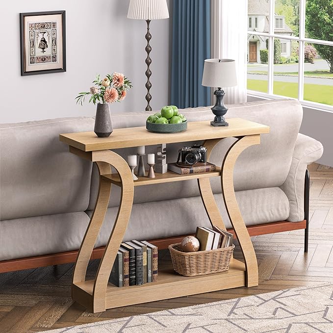 Wooden Console Table with Curved Legs and Shelf, 3-Tier Modern Accent Narrow Sofa Table for Entrance Area, Living Room, Hallway, 47 in Wide Wood Console Table for Entryway (Natural)