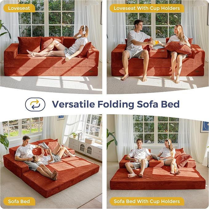 MAXYOYO Convertible Sofa Bed, 80" Oversized Boneless Loveseat Couch 4 in 1 Foldable Floor Sofa Couch in A Box with 2 Cup Holders, Folding Chair for Living Room, No Assembly Required, Orange