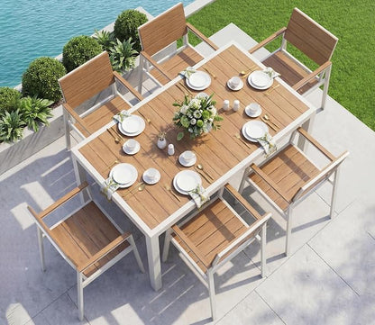 Vexwalx 7-Piece Outdoor Dining Set, Aluminum Dining Table Set for 6, Patio Table and Chairs Set with Umbrella Hole, All Weather HDPS Outdoor Table and Chairs for 6 (White-Teak)