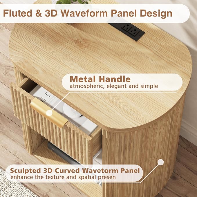 Fluted Nightstand with Charging Station, 23.6" Large Bedside Side Table with Drawer, Wood End Table with Storage, Curved Round Corner, Furniture Bedroom Sofa, Mid Century Modern, Farmhouse Boho,Oak