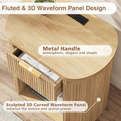 Fluted Nightstand with Charging Station, 23.6" Large Bedside Side Table with Drawer, Wood End Table with Storage, Curved Round Corner, Furniture Bedroom Sofa, Mid Century Modern, Farmhouse Boho,Oak