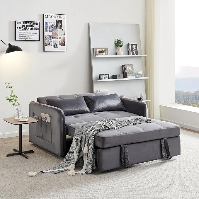 55.5" Velvet Convertible Sofa Bed, Pull Out Sleeper Sofa Bed, Loveseat Couch with USB Charging Ports, 3 in 1 Convertible Sleeper Sofa Bed for Living Room, Apartment, Bedroom, RV, Grey