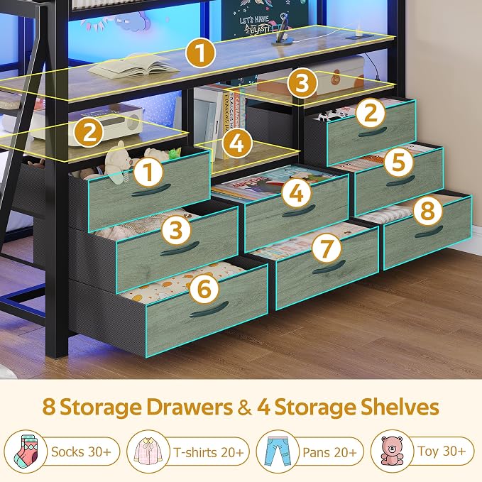 busyaeh Bunk Bed Full Over Twin,Low Bunk Bed with 8 Drawers & 4 Shelves | Bunk bed with Desk,15" H Safety Guardrail,& LED Lights and Charging Station,L-Shaped Bunk Beds with Stairs, Oak Gray