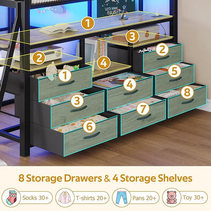busyaeh Bunk Bed Full Over Twin,Low Bunk Bed with 8 Drawers & 4 Shelves | Bunk bed with Desk,15" H Safety Guardrail,& LED Lights and Charging Station,L-Shaped Bunk Beds with Stairs, Oak Gray