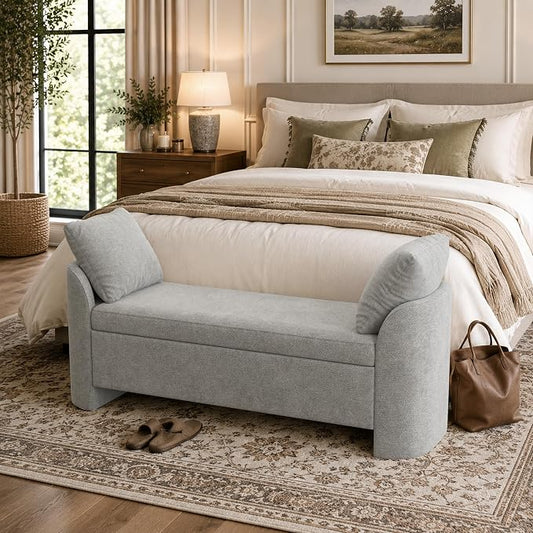 Usaint 58.3" Storage Ottoman Bench with Pillows, Upholstered End of Bed Bench with Arms, Footrest Stool Bench for Bedroom, Living, Window, Entryway and Hallway, Grey
